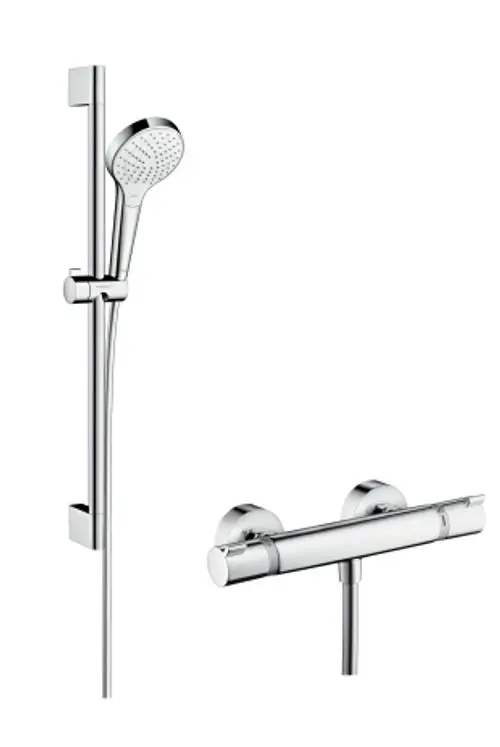 Hochwertiges Hansgrohe Brauseset mit verstellbarer Shower, Halterung und temperaturregulierter Armatur in elegantem Chromdesign.